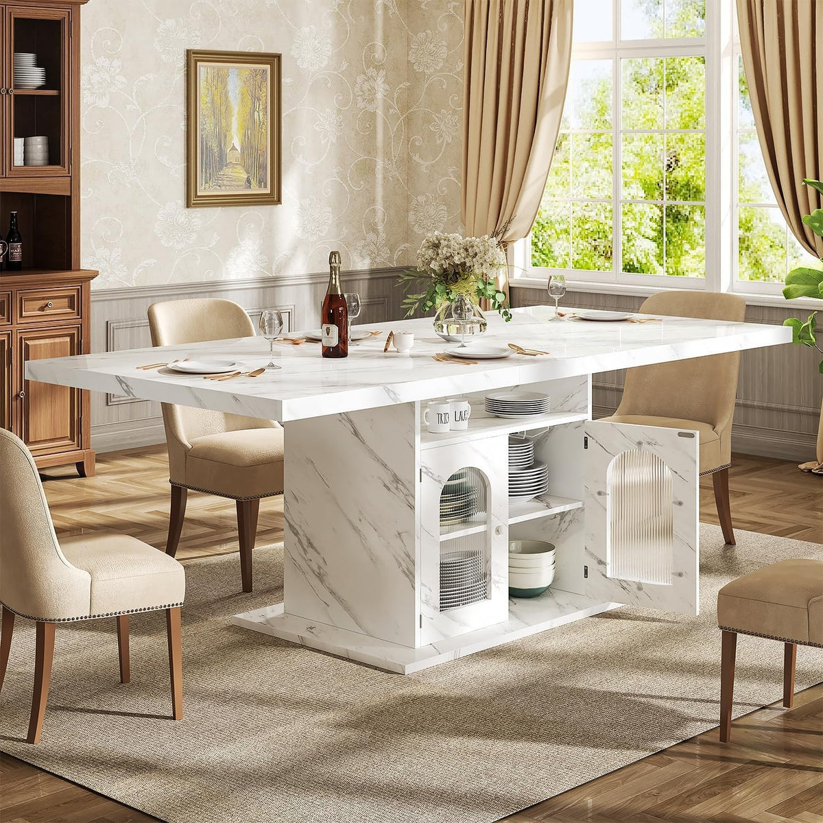 EstuaryDining Desk for 4–6 Wood Farmhouse Kitchen Table with 3-Tier Storage Shel