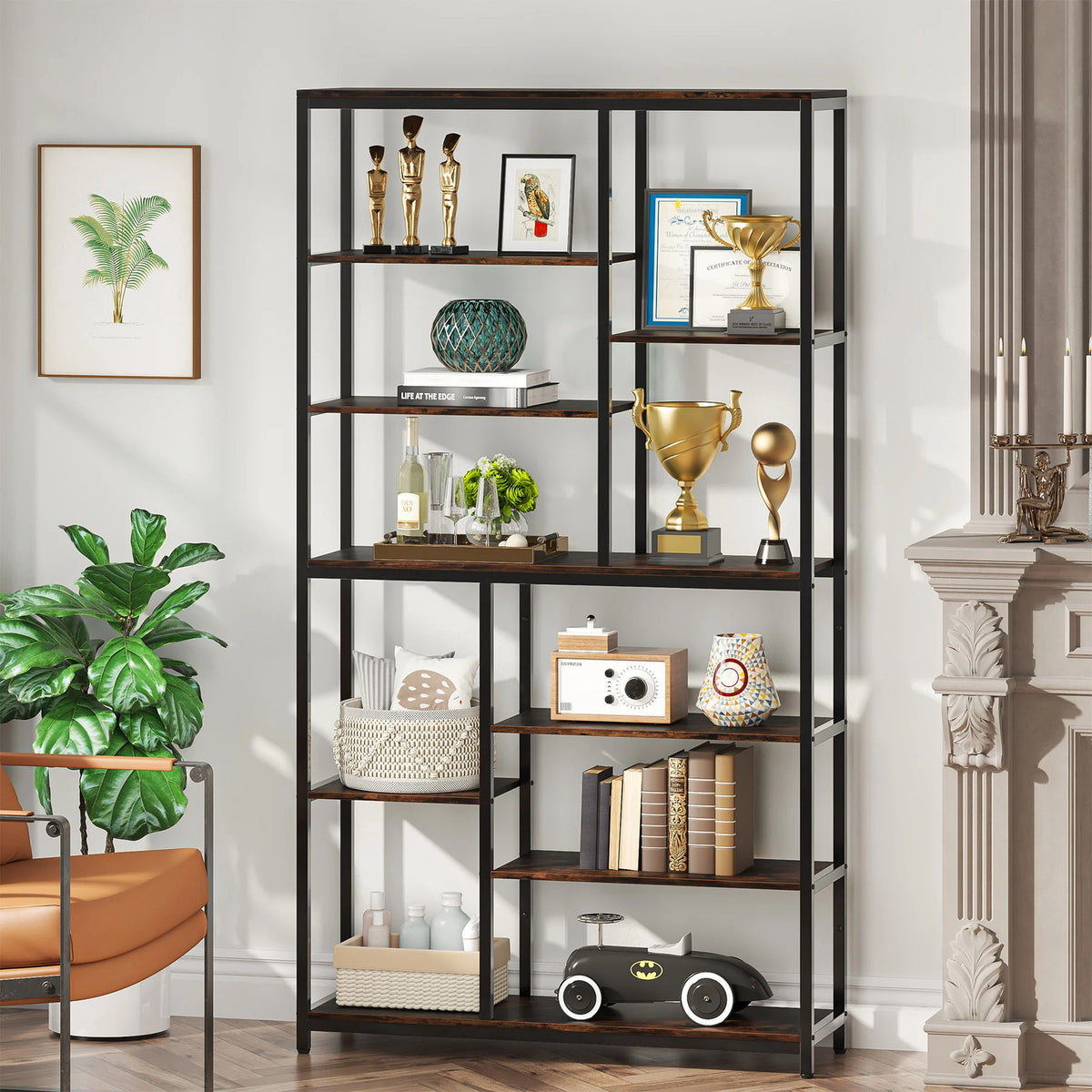 Estuary 79 Inches Bookcase with Open Shelves, 9-Tier Industrial Bookshelf