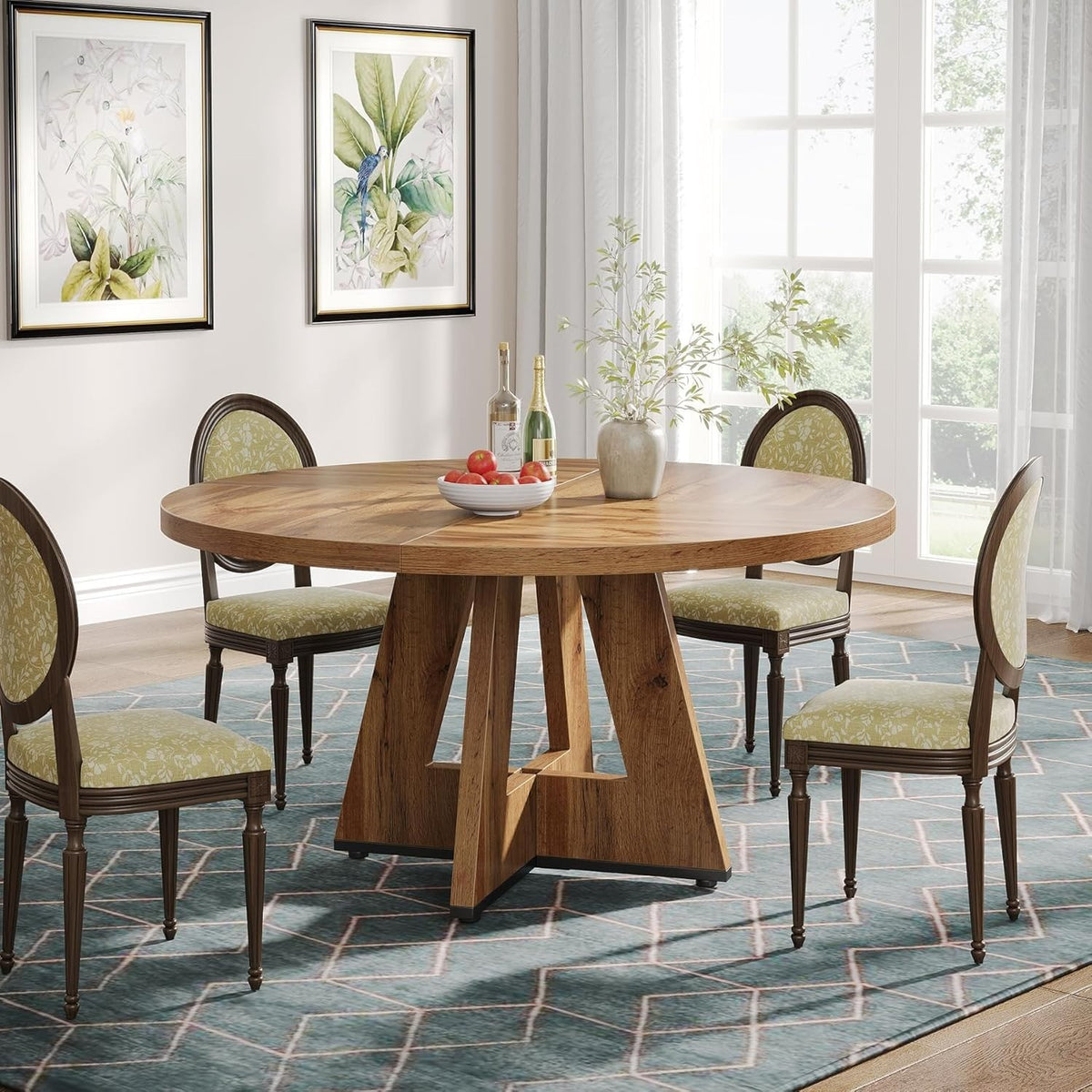 47 Inch Round Farmhouse Dining Table – Wooden Kitchen Table with Cross Base, Ide