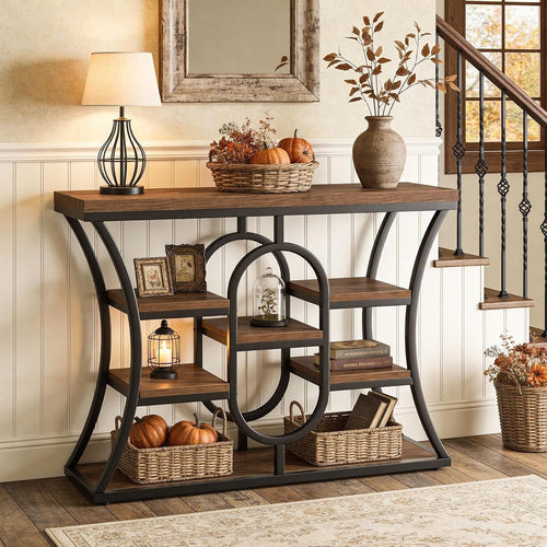 41.3-Inch Console Table, Industrial Entryway Table with Storage Shelves, Small N