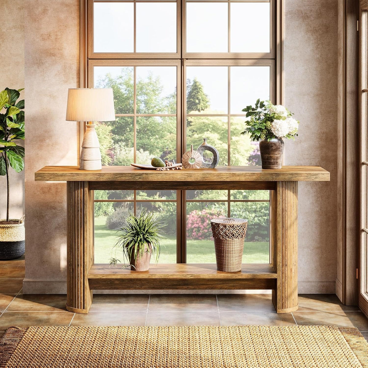 Estuary 140cm Modern Narrow Office Reception Console Table, Wooden 2-Shelf Lobby