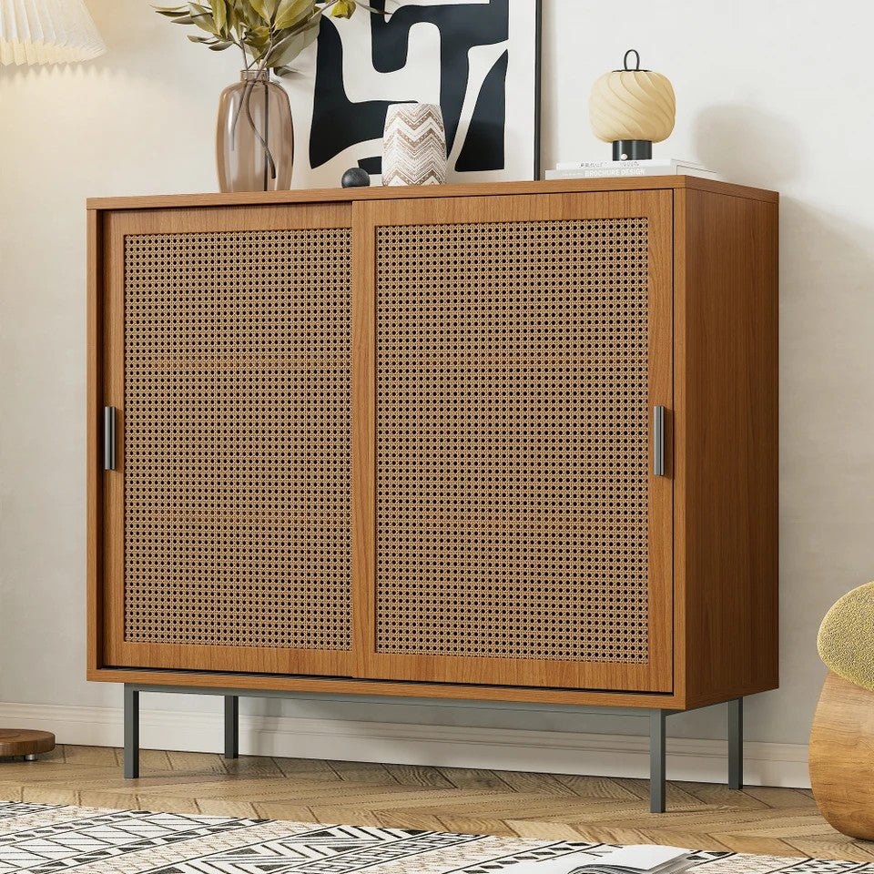 EstuaryVintage Farmhouse Walnut Rattan Sideboard Sliding Breathable Rattan Doors