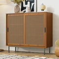 EstuaryVintage Farmhouse Walnut Rattan Sideboard Sliding Breathable Rattan Doors